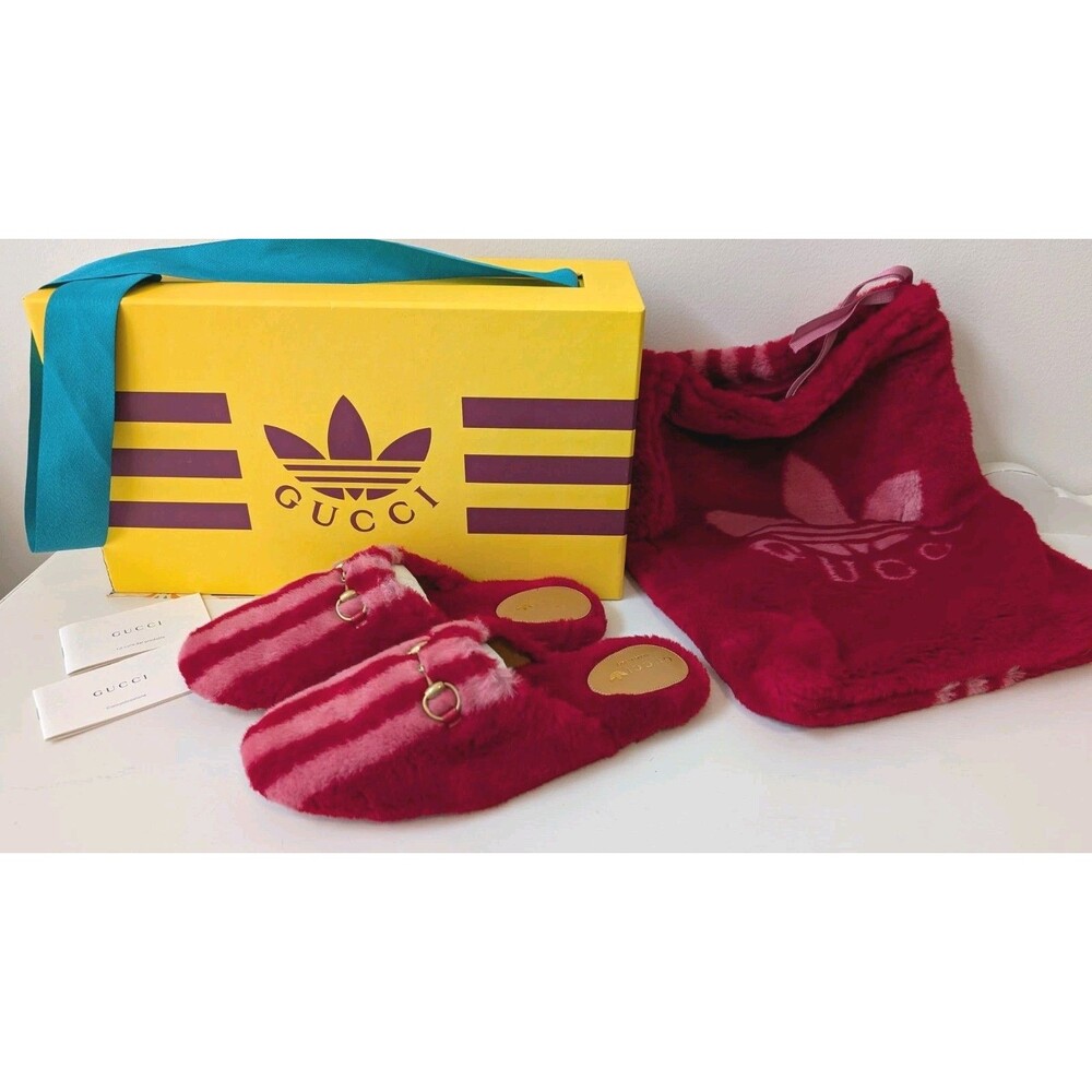 Gucci X Adidas Women's Faux Fur Slippers Size 37.5 With Box And‎ Dustbags (New)